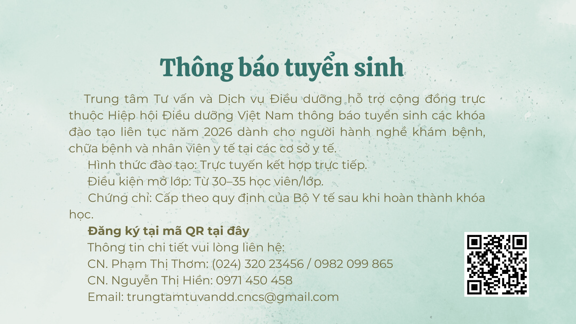 Thông báo tuyển sinh năm 2026 - Chương trình đào tạo chuyên môn đối với điều dưỡng viên chăm sóc